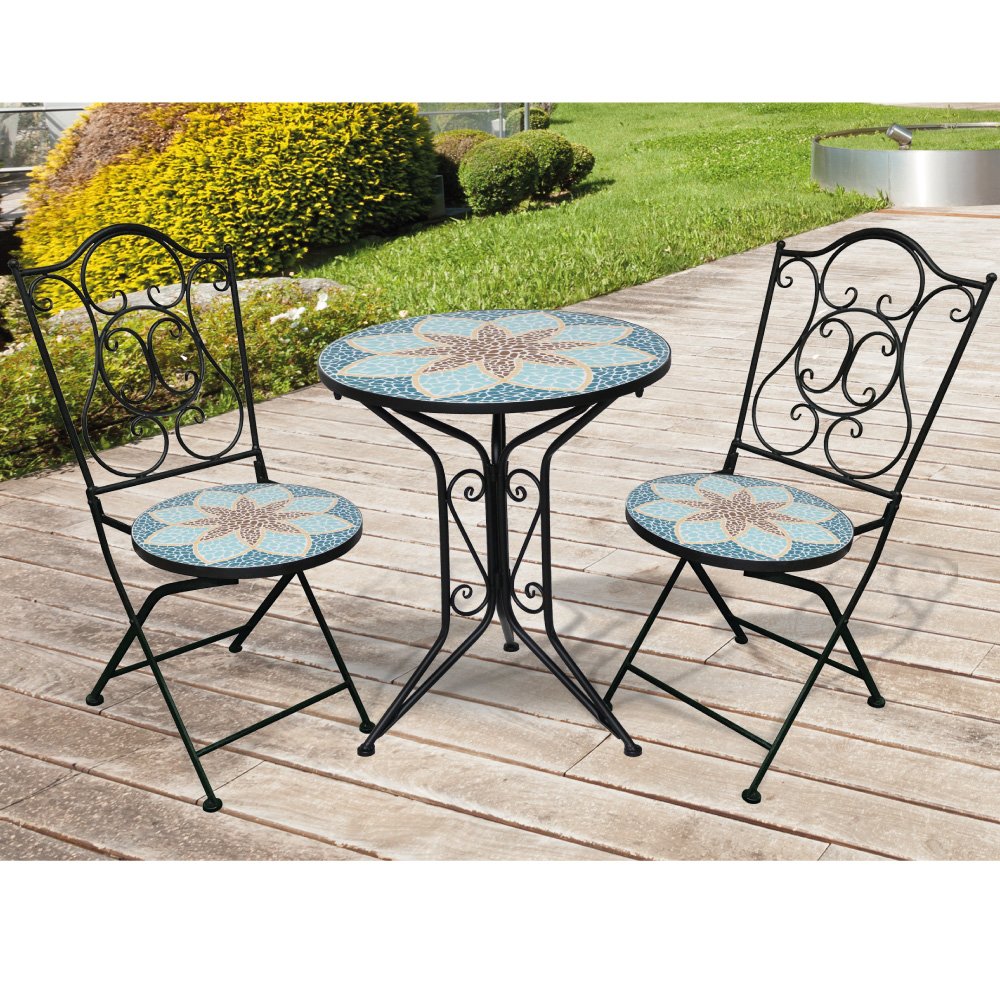 Blue Outdoor Bistro Set with Mosaic Tile Top