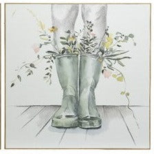 Hand Painted Green Wellington Boots & Flowers Canvas 60x60cm